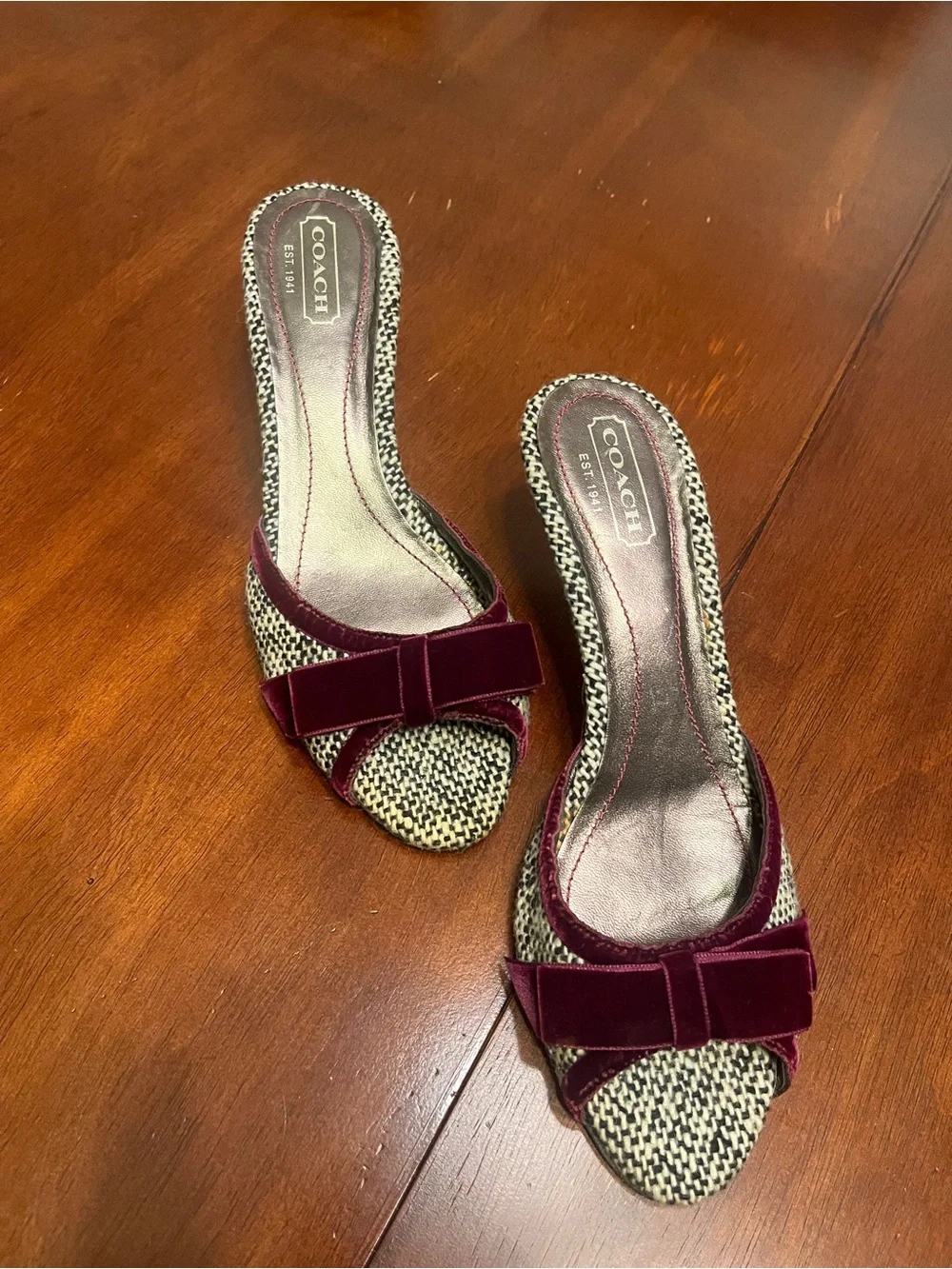 Coach candi tweed kitten heels sandles velvet bow made in Italy 8.5 soho y2k vtg